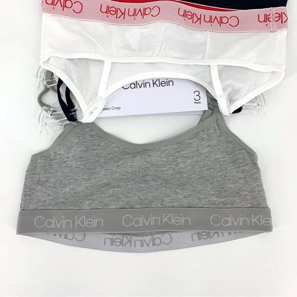 Calvin Klein NWT Girls' Black, Red, White, Grey 3-Pack Classic Crop Bralette, M - Picture 6 of 11